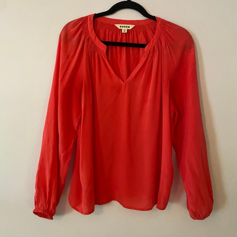 Boden Hot Pink Popover Long Sleeve Blouse Minimalist Silk Preppy Women's size 8